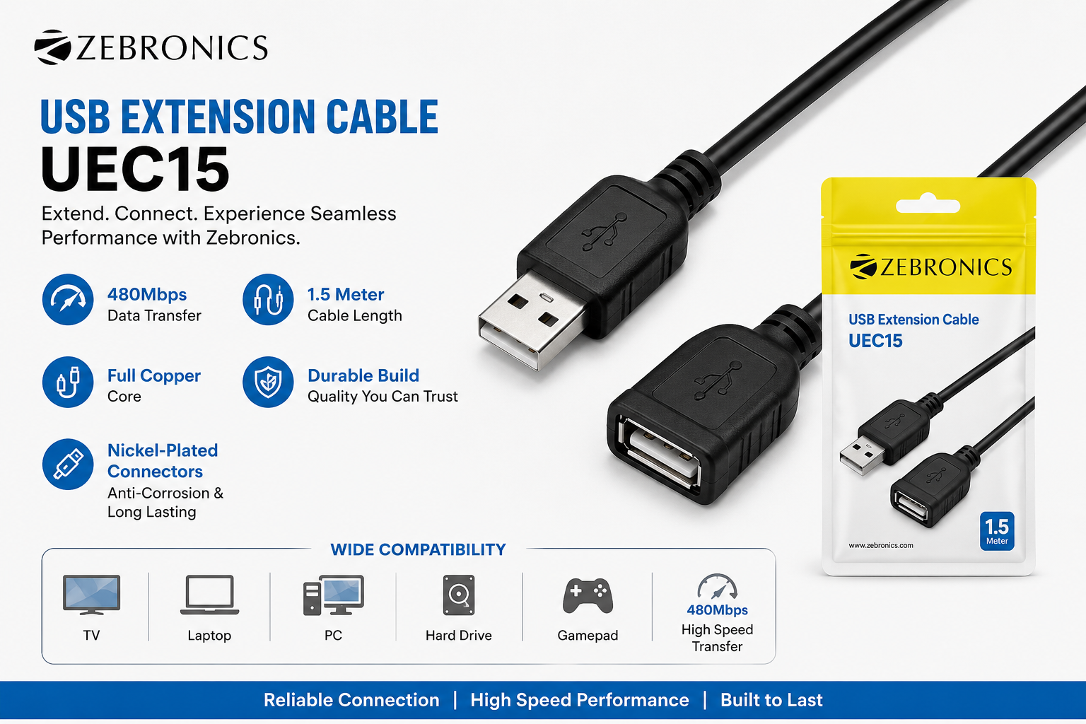 ZEBRONICS USB Extension Cable 1.5 Meter (UEC15) – High-Speed 480Mbps Data Transfer, Full Copper Core, Durable USB Extension Cable for TV, Laptop, PC, Hard Drive & Gamepad